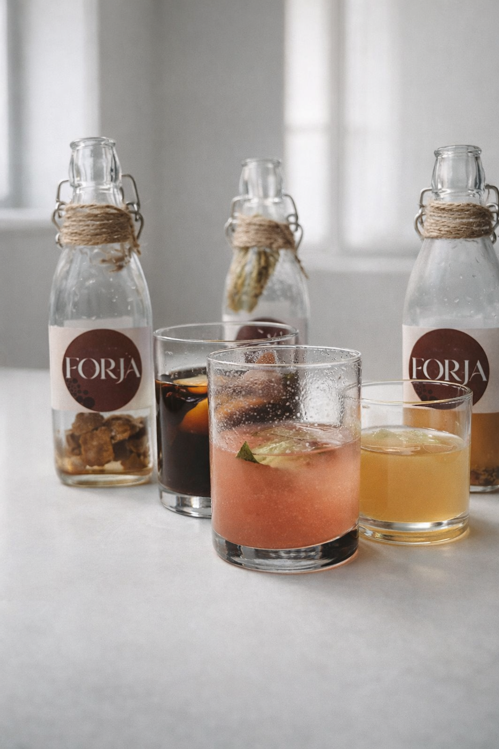 Botellas de kombucha artesanal y vasos servidos sobre una mesa de madera